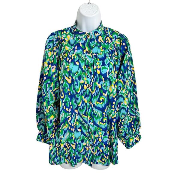 First Love By Lovelyn Abstract Print Mandarin Collar Button Down Top Sz S Blouse - Picture 6 of 10